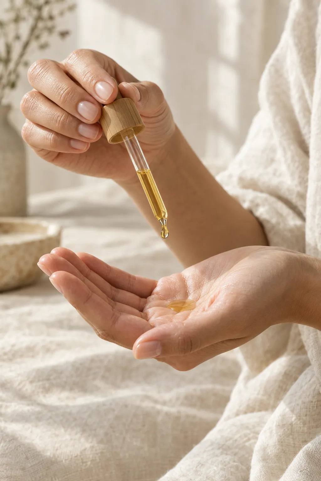 Pipet laat een druppel olie in een handpalm vallen